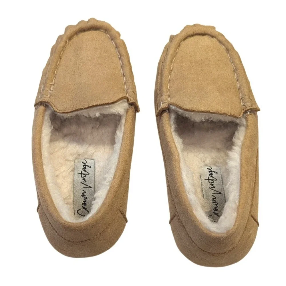 Crown Vintage Lil Miles Tan Faux Fur Lined Moccasin‎ Slippers Kids Sz 10 Toddler